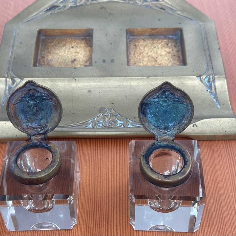 Antique Brass and Glass Inkwell Set - Picture 3 of 8